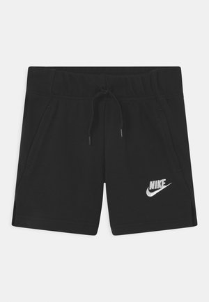 Shorts sportivi neri realizzati in tessuto morbido, con una vita elasticizzata dotata di cordino e un logo Nike bianco sul lato sinistro in basso.