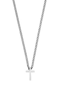 Silver kedja halsband med en minimalistisk kors hänge. Kedjan har en platt länkddesign, och korset är enkelt med en polerad yta.
