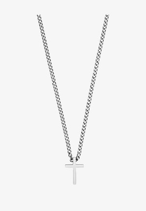 Zilveren ketting met een minimalistisch kruis hangertje. De ketting heeft een platte schakelontwerp en het kruis is eenvoudig met een gepolijste afwerking.