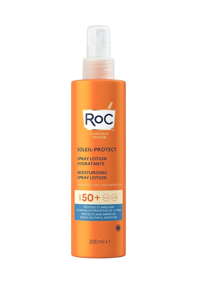 Bouteille de lotion vaporisateur hydratante en orange vif, étiquetée "RoC Soleil-Protect." Dotée d'une buse vaporisatrice transparente et indiquant une protection SPF 50+.