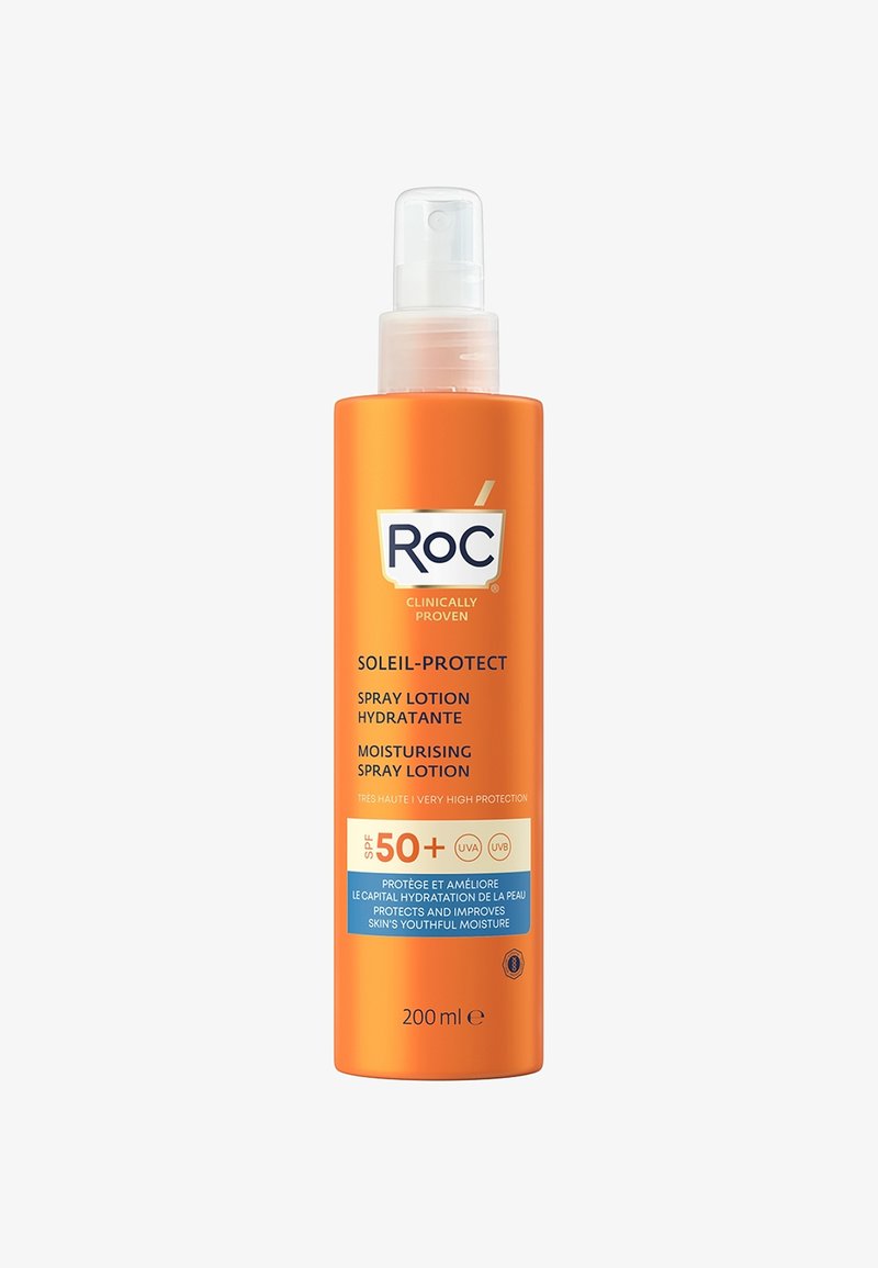 Bouteille de lotion vaporisateur hydratante en orange vif, étiquetée "RoC Soleil-Protect." Dotée d'une buse vaporisatrice transparente et indiquant une protection SPF 50+.
