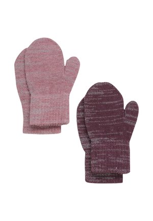 Dwie pary dzianinowych rękawiczek, jedna w jasnoróżowym kolorze, druga w ciemnofioletowym z melanżową fakturą, ułożone płasko na białym tle.