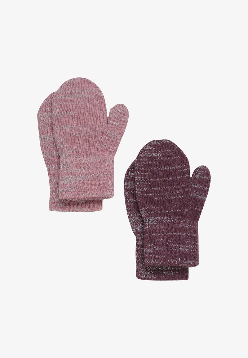 Deux paires de moufles en tricot, une en rose clair et une en violet foncé avec une texture chinée, posées à plat sur un fond blanc.