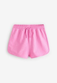 Rosafarbene Sportshorts aus weichem Stoff, mit einem elastischen Bund, Kordelzug und einem leicht abgerundeten Saumdesign.
