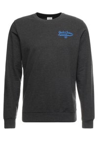 Tmavě šedá mikina z bavlněné směsi, s dlouhými rukávy, kulatým výstřihem a modrým logem na hrudi.