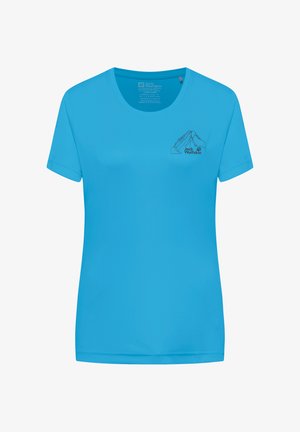 Hellblaues T-Shirt mit kurzen Ärmeln aus glattem Stoff, mit einer kleinen schwarzen Berggrafik und Logo auf der linken Brustseite.