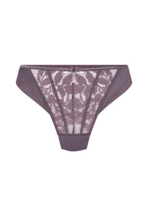 Culotte taille basse pour femme en dentelle violette et tulle, ornée de motifs floraux et de panneaux latéraux en satin.