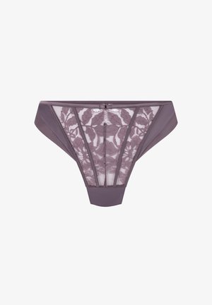 Culotte taille basse pour femme en dentelle violette et tulle, ornée de motifs floraux et de panneaux latéraux en satin.