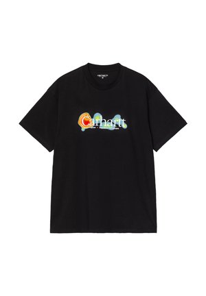 Czarny bawełniany t-shirt z kolorowym, stylizowanym logo "Carhartt" umieszczonym centralnie z przodu, o luźnym kroju i krótkich rękawach.