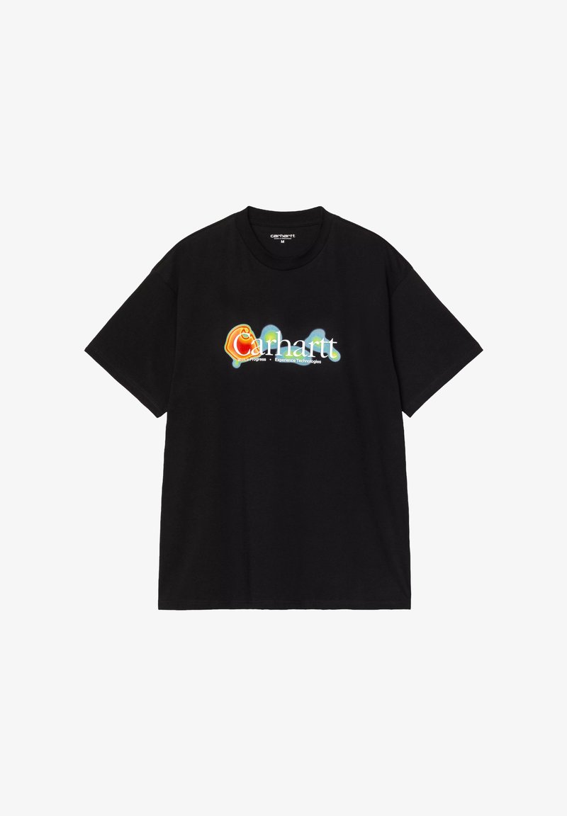 Czarny bawełniany t-shirt z kolorowym, stylizowanym logo "Carhartt" umieszczonym centralnie z przodu, o luźnym kroju i krótkich rękawach.