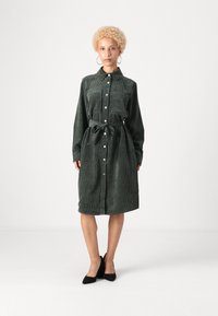 Σκούρο πράσινο φουστάνι με ριγάκια, μακρυά μανίκια, κουμπιά μπροστά και ζώνη στη μέση. Διαθέτει κάθετη υφή σε ρίγες και πλάγιες τσέπες.