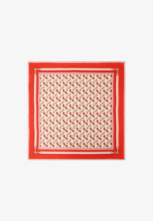 Quadratisches Seidentuch mit roten und rosa Rändern, auf cremefarbenem Hintergrund mit einem sich wiederholenden Muster aus rotem Pferd und Kutsche.