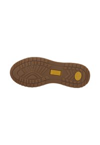 Suela de zapato de goma marrón con patrón de agarre texturizado, que presenta un logo central y un acento circular amarillo. Diseño plano con forma redondeada.