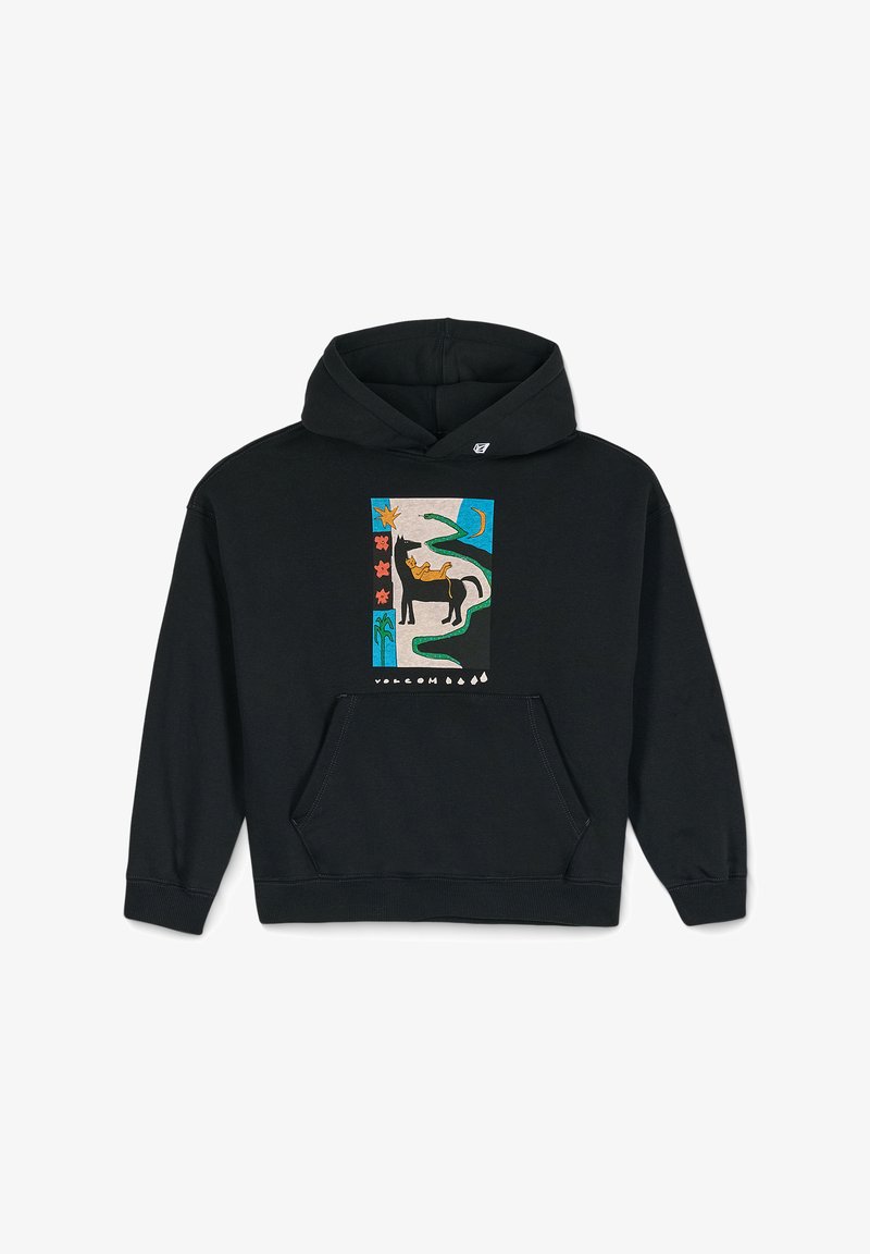 Felpa nera con cappuccio caratterizzata da una grafica colorata che presenta un cavallo, piante e forme astratte. Include una tasca frontale e il cappuccio regolabile con cordino.