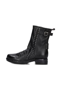 Black leather ankle boot with a slightly rounded toe, decorative silver studs along the side, and a buckle accent near the ankle.