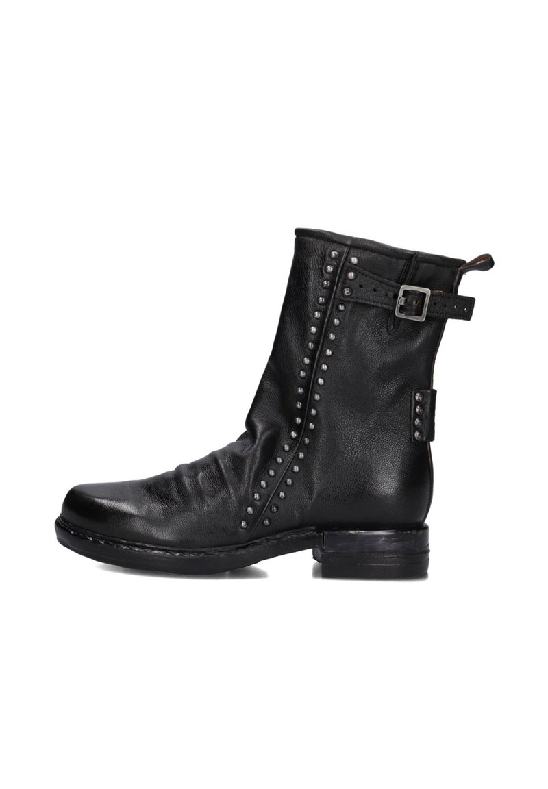 Black leather ankle boot with a slightly rounded toe, decorative silver studs along the side, and a buckle accent near the ankle.