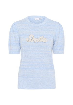 Pulover tricotat de culoare albastră deschisă, cu mâneci scurte puff și un aplicat texturat cu cuvântul "Smile" în nuanță de argint. Textură netedă, cu dungi subtile.