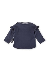 Navy long-sleeve top with ruffled shoulder accents and striped collar. Soft fabric, casual design, and tag attached on the left side.