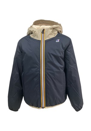 Giacca a vento navy con cappuccio beige, dotata di una cerniera frontale contornata da strisce multicolori e foderata in pile per il calore.