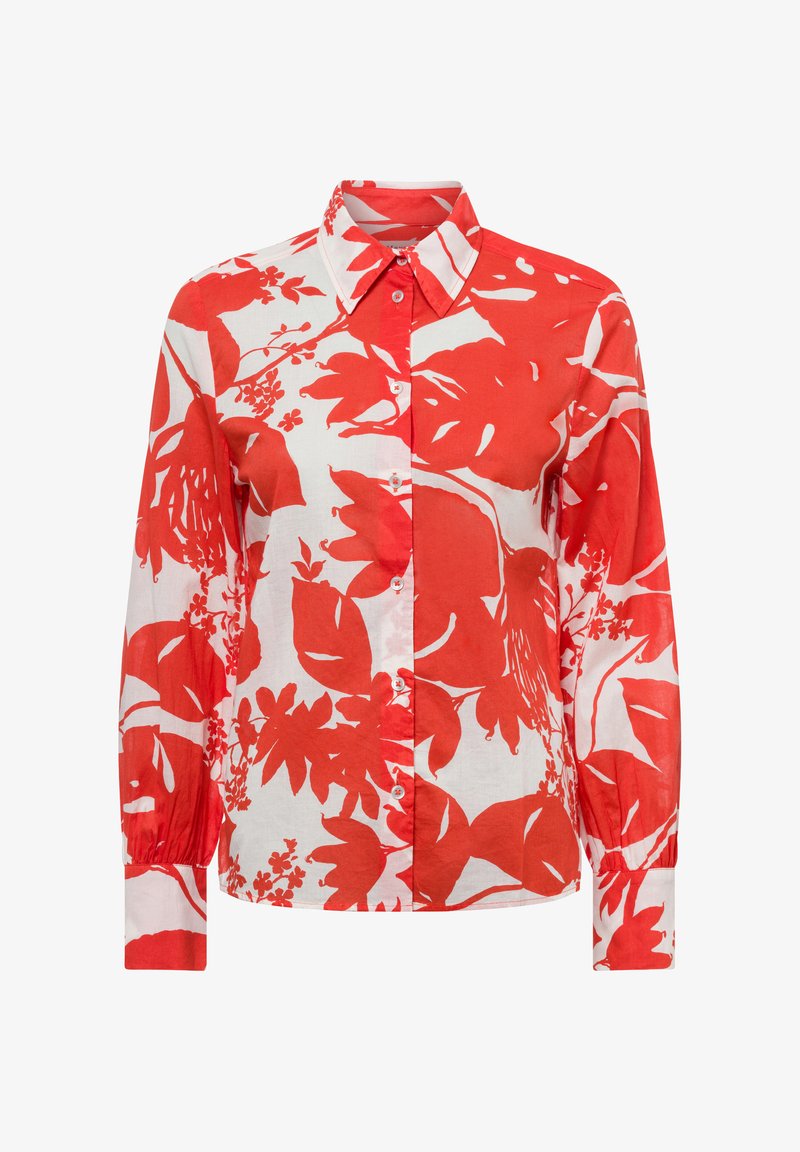 Camicia a maniche lunghe con motivo floreale rosso e bianco, con colletto e chiusura a bottoni. Presenta polsini arricciati e tessuto testurizzato.