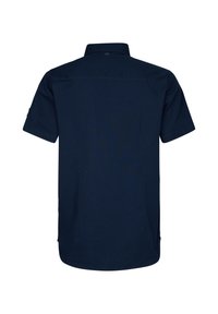 Camicia blu navy a maniche corte con colletto classico, orlo dritto e una trama di tessuto liscia e leggera. Presenta dettagli di cucitura sottili.