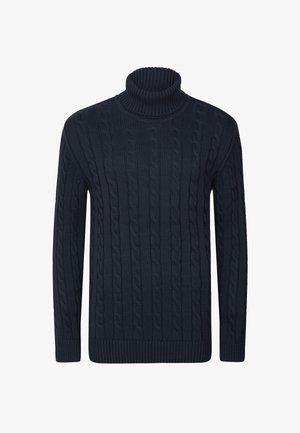 Pull à col roulé en maille torsadée bleu marine avec manches longues et poignets et ourlet côtelés, présenté sur un fond blanc.