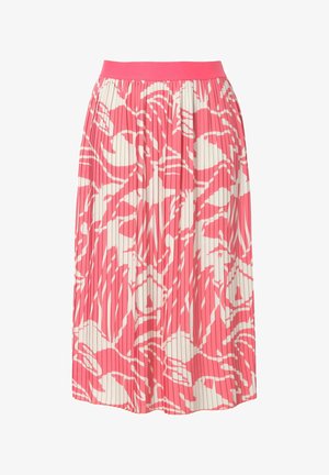 Plisseerok in het roze met een wit abstract patroon. Heeft een brede, effen roze tailleband en textiel met een structuur voor extra details.