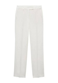 Witte broek gemaakt van een lichte stof, met een rechte pijpdesign, twee zijzakken en een knoopsluiting in de taille.