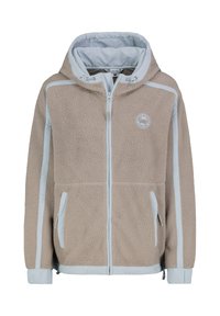 Beige fleecejack met een capuchon, voorzien van lichtblauwe accenten, een ritssluiting aan de voorkant, twee voorzakken en een gestructureerde stof.