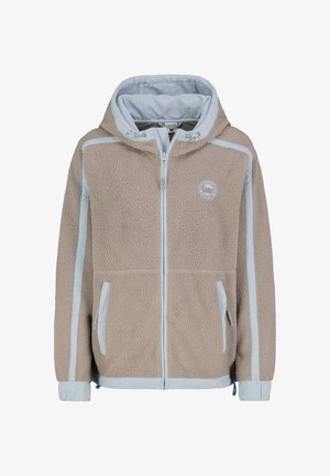 Beige fleece jacket with a hood, featuring light blue accents, zippered front, two front pockets, and textured fabric.