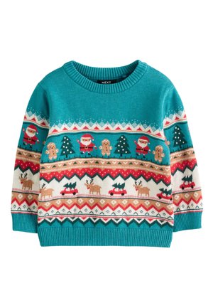 Teal julesweater med mønstre af julemanden, peberkagemænd, fyrretræer, rensdyr og biler, der transporterer juletræer.
