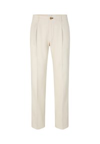 Helle beige Hose im geraden Schnitt, mit zwei vorderen Falten, einem Knopfverschluss und Gürtelschlaufen. Glattes Material ohne sichtbare Muster.