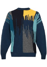 Pull ras du cou avec des stries verticales abstraites en bleu marine, gris, sarcelle, bleu clair, et une tache jaune sur le côté supérieur droit.