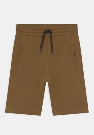 Shorts en coton marron avec une taille élastique et un cordon noir. Dispose de deux poches latérales et d'une texture lisse. Design à coupe droite.
