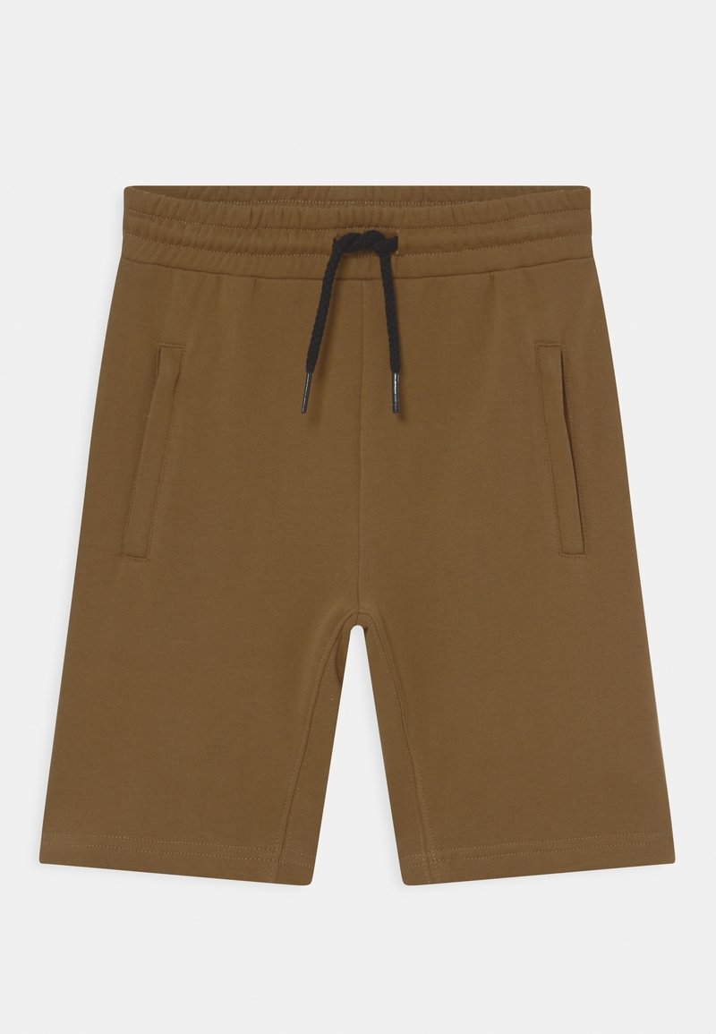 Shorts en coton marron avec une taille élastique et un cordon noir. Dispose de deux poches latérales et d'une texture lisse. Design à coupe droite.