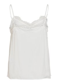 Haut camisole blanc sans manches avec bretelles fines ajustables et délicate bordure en dentelle le long de l'encolure et des bords supérieurs.