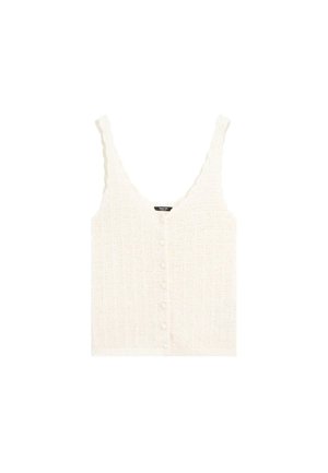 Canotta bianca lavorata a maglia con scollo a V, spalline smerlate e chiusura frontale con bottoni; tessuto strutturato con una vestibilità leggermente ampia.