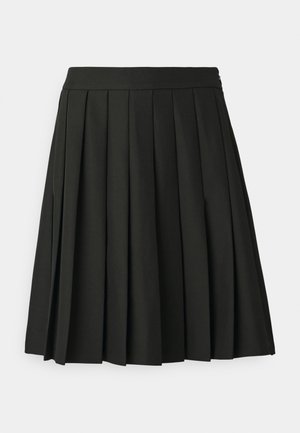 Black knee-length pleated skirt with a fitted waistband and side zipper closure on a plain light background.