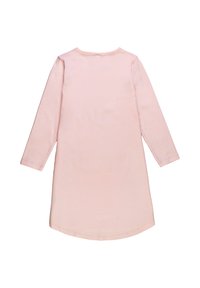 Abito a maniche lunghe in morbido cotone rosa pallido con scollatura rotonda. Presenta una linea dritta e un orlo arrotondato, progettato per il comfort e la facilità di indossarlo.