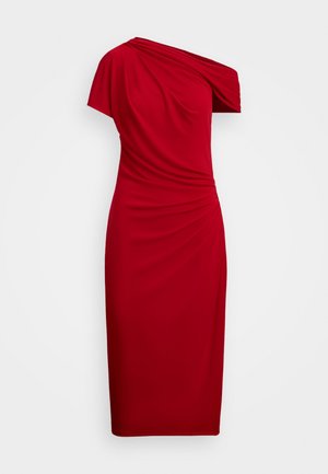 Red dress made of stretchy fabric, featuring an asymmetrical shoulder design, gathered texture at the waist, and a knee-length cut.