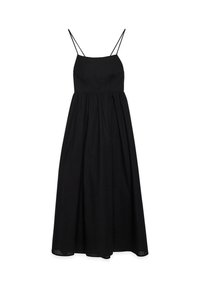 Musta maksimekko ohuiden olkaimien kanssa, muotoiltu bodice ja laskostettu hame. Tasainen tekstuuri, kevyt kangas ja yksinkertainen muotoilu.