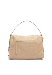 Beige leren handtas met een gladde textuur, een bovenhandvat en een voorzak met rits. Eenvoudig ontwerp, geen zichtbare patronen of hardwareversieringen.