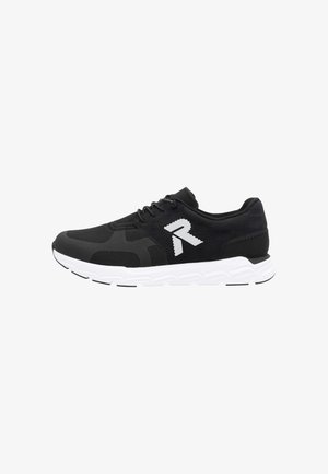 Black athletic shoe featuring a mesh upper and padded collar, with a white sole and logo accent on the side. Lightweight design for comfort.