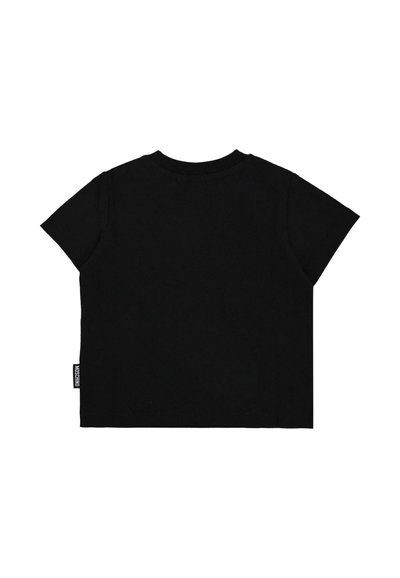 T-shirt nera a maniche corte con scollo rotondo e un piccolo logo Moschino sulla cucitura laterale sinistra.