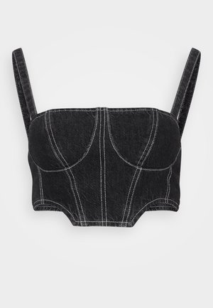 Top scurt din denim negru cu bretele subțiri, prezentând cusături albe, un corset structurat și cusături curbate. Textură netedă și design ajustat.