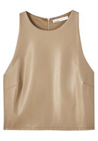 Top court beige en tissu brillant. Présente un décolleté rond, un design sans manches et une fermeture éclair au dos. Texture lisse.