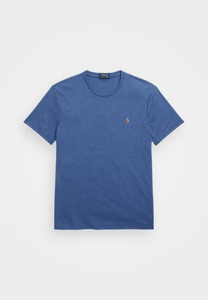 Blaues Rundhalsausschnitt T-Shirt mit kurzen Ärmeln und kleinem gesticktem Polo-Spieler-Logo auf der linken Brust.