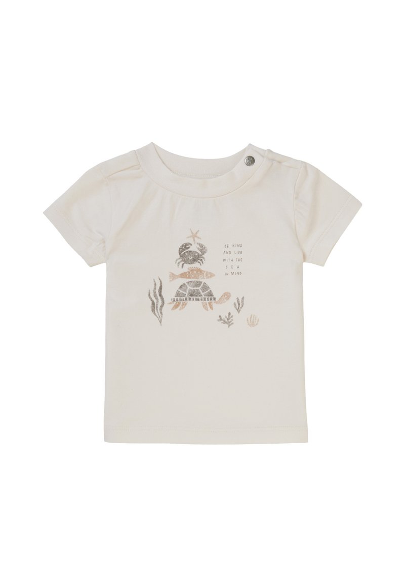 Crème-kleurig baby T-shirt met korte mouwen, met een schildpad, vis, krab, zeeplanten en de tekst "Wees vriendelijk en leef met de zee in gedachten."