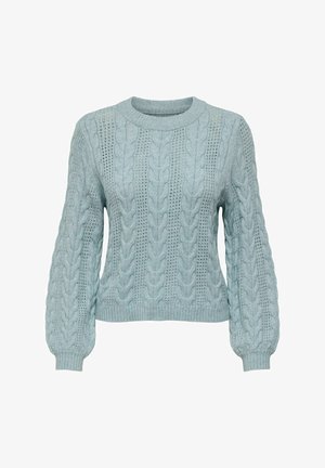 Pulover tricotat de culoare albastru deschis, cu un model în cablu, decolteu rotund și manșete cu nervuri. Prezentă detalii texturate și o croială lejeră.