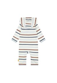 Jumpsuit de bebé a rayas en blanco, marino y óxido, con capucha, mangas largas y cierres a presión en las piernas para facilitar el cambio.